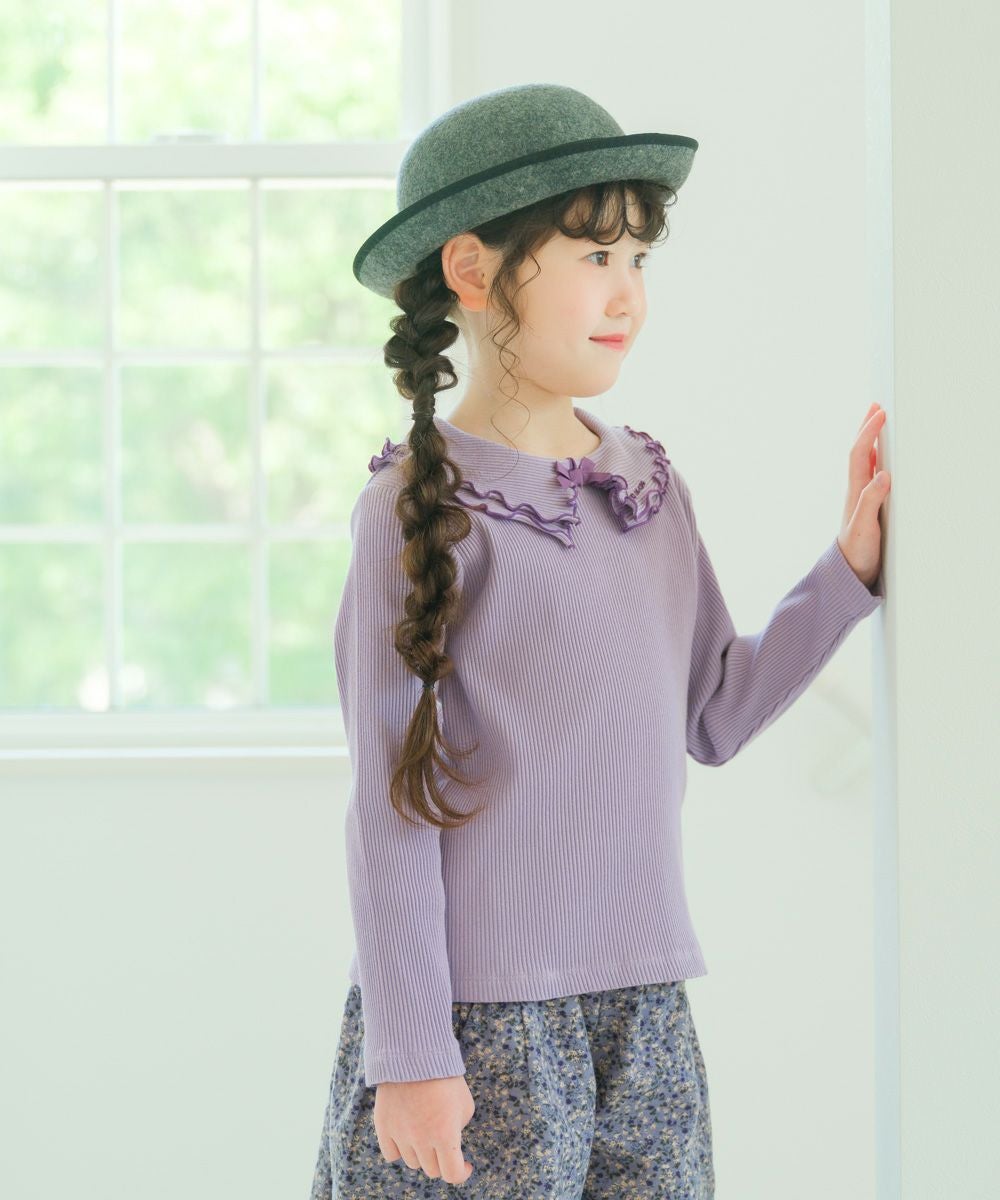 子供服 女の子 【TIME SALE】フリル襟 リブ Tシャツ パープル(91) モデル画像全身