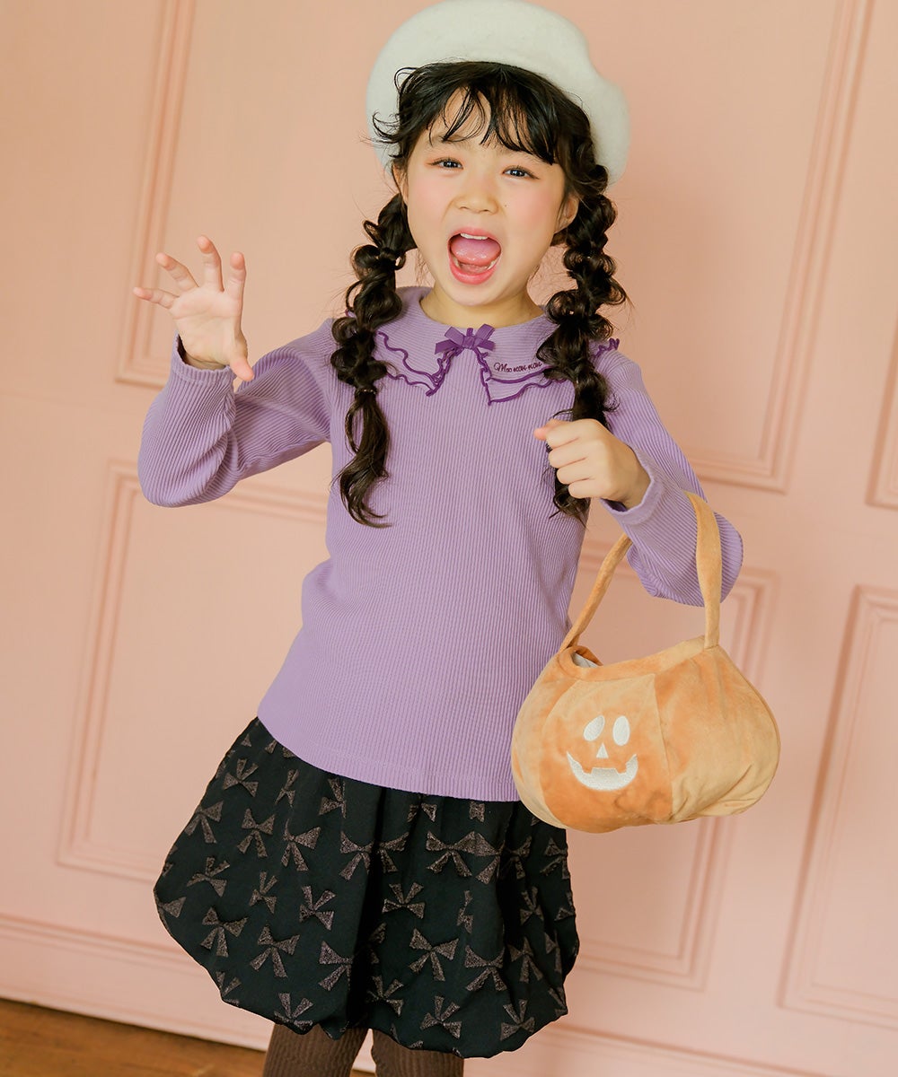 子供服 女の子 こども服 キッズ リブ フリル メロウ リボン ブランドロゴ 襟付き パープル(91) モデル画像全身