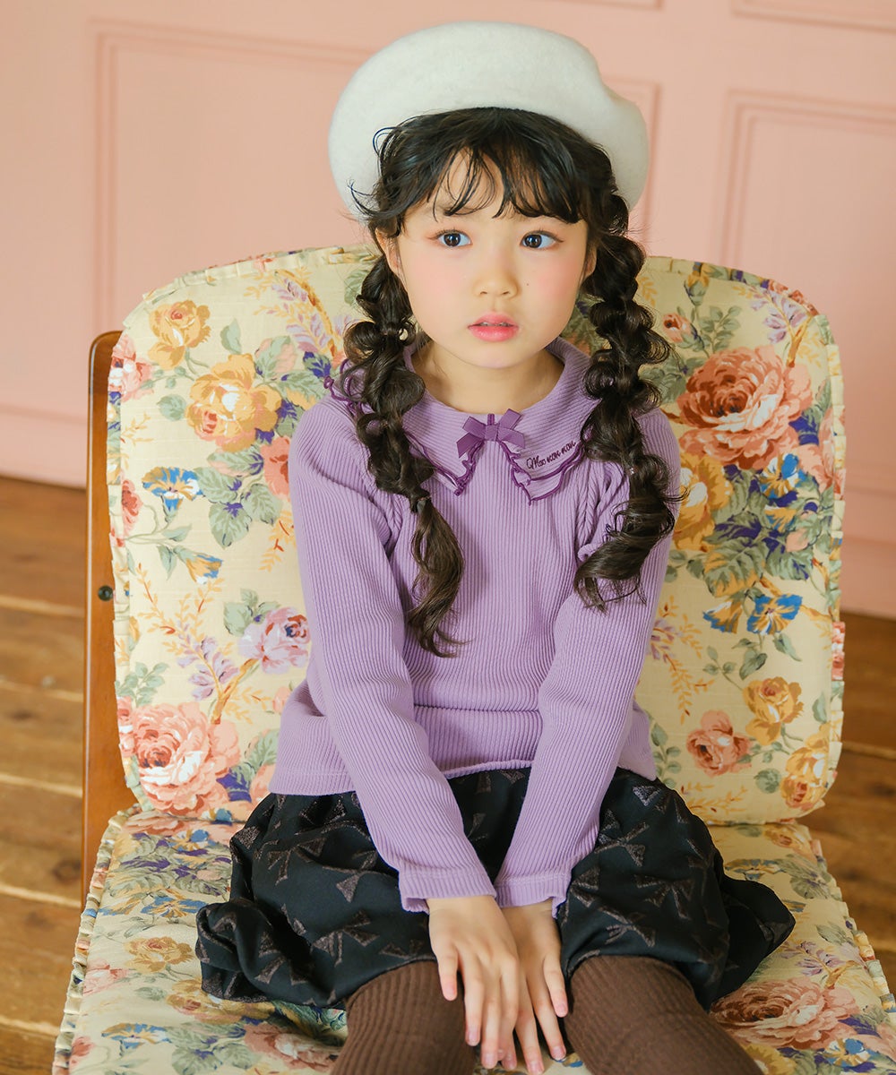 子供服 女の子 こども服 キッズ リブ フリル メロウ リボン ブランドロゴ 襟付き パープル(91) モデル画像1