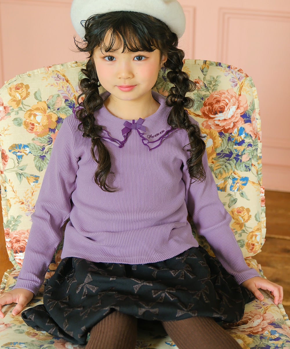 子供服 女の子 こども服 キッズ リブ フリル メロウ リボン ブランドロゴ 襟付き パープル(91) モデル画像3