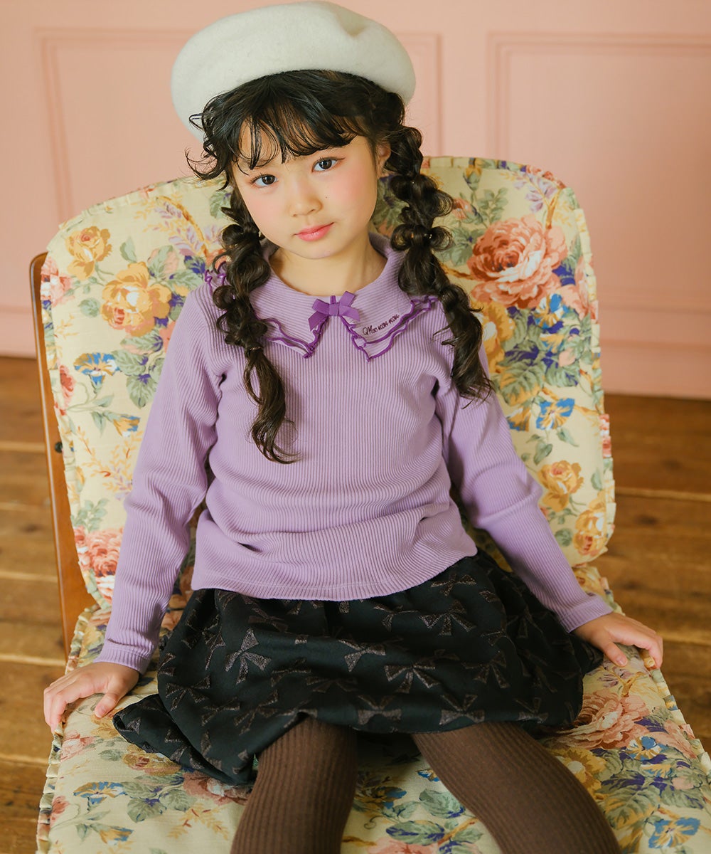 子供服 女の子 こども服 キッズ リブ フリル メロウ リボン ブランドロゴ 襟付き パープル(91) モデル画像4