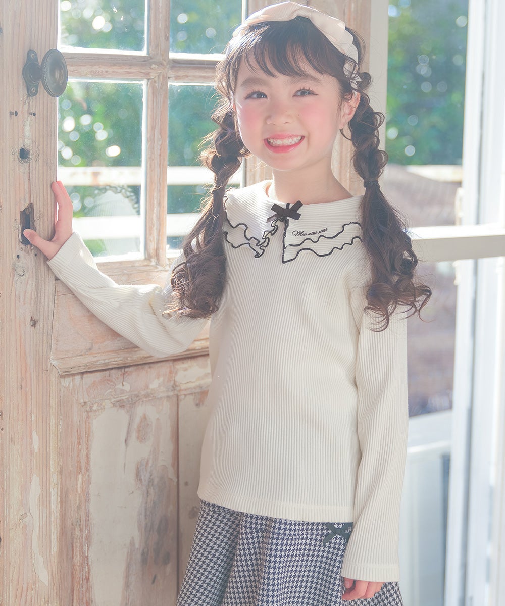 子供服 女の子 こども服 キッズ リブ フリル メロウ リボン ブランドロゴ 襟付き オフホワイト(11) モデル画像アップ