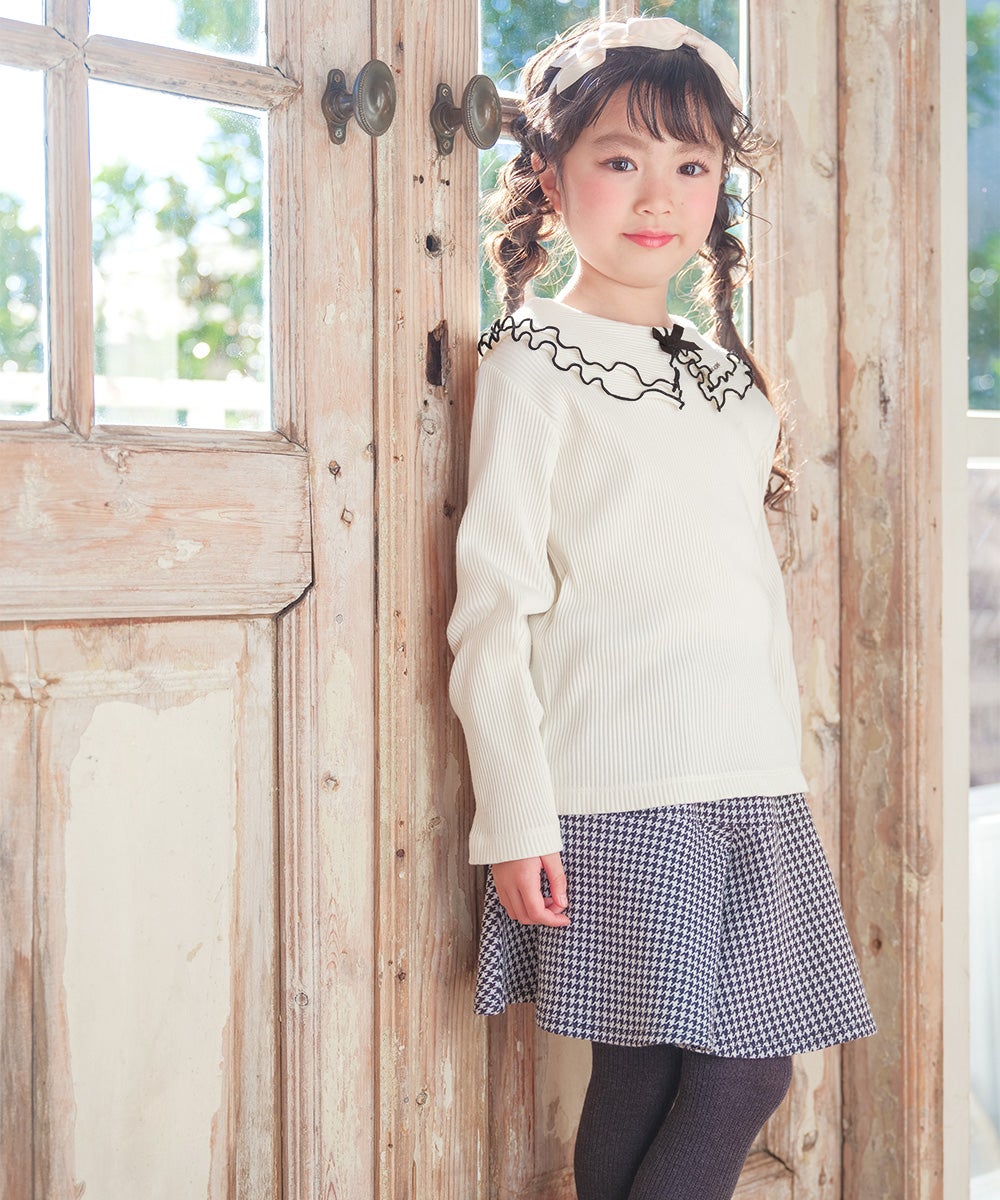 子供服 女の子 こども服 キッズ リブ フリル メロウ リボン ブランドロゴ 襟付き オフホワイト(11) モデル画像2