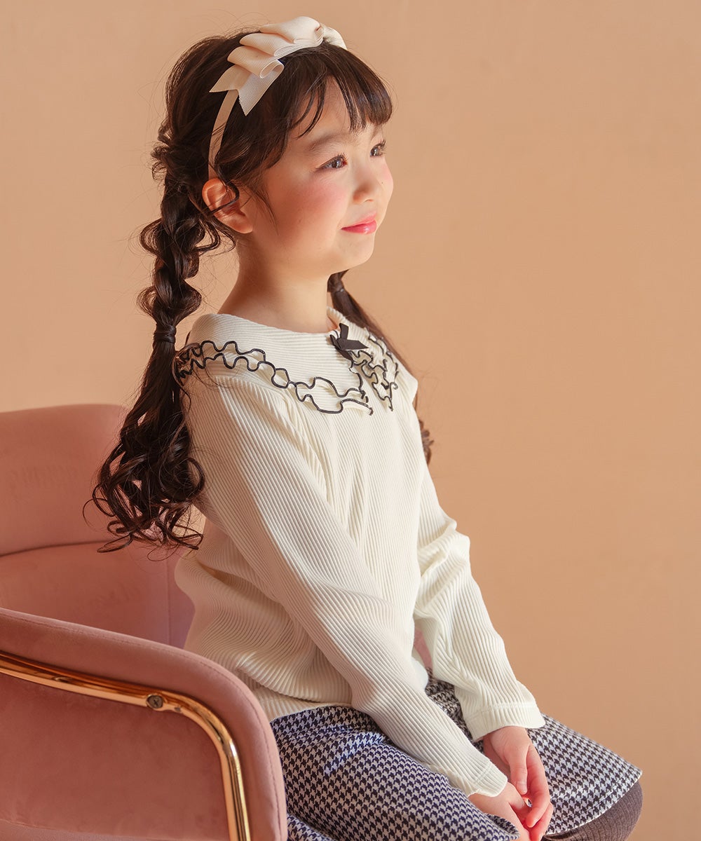 子供服 女の子 こども服 キッズ リブ フリル メロウ リボン ブランドロゴ 襟付き オフホワイト(11) モデル画像3