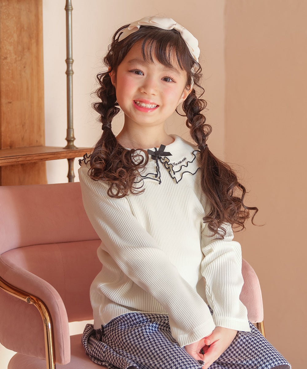子供服 女の子 こども服 キッズ リブ フリル メロウ リボン ブランドロゴ 襟付き オフホワイト(11) モデル画像4