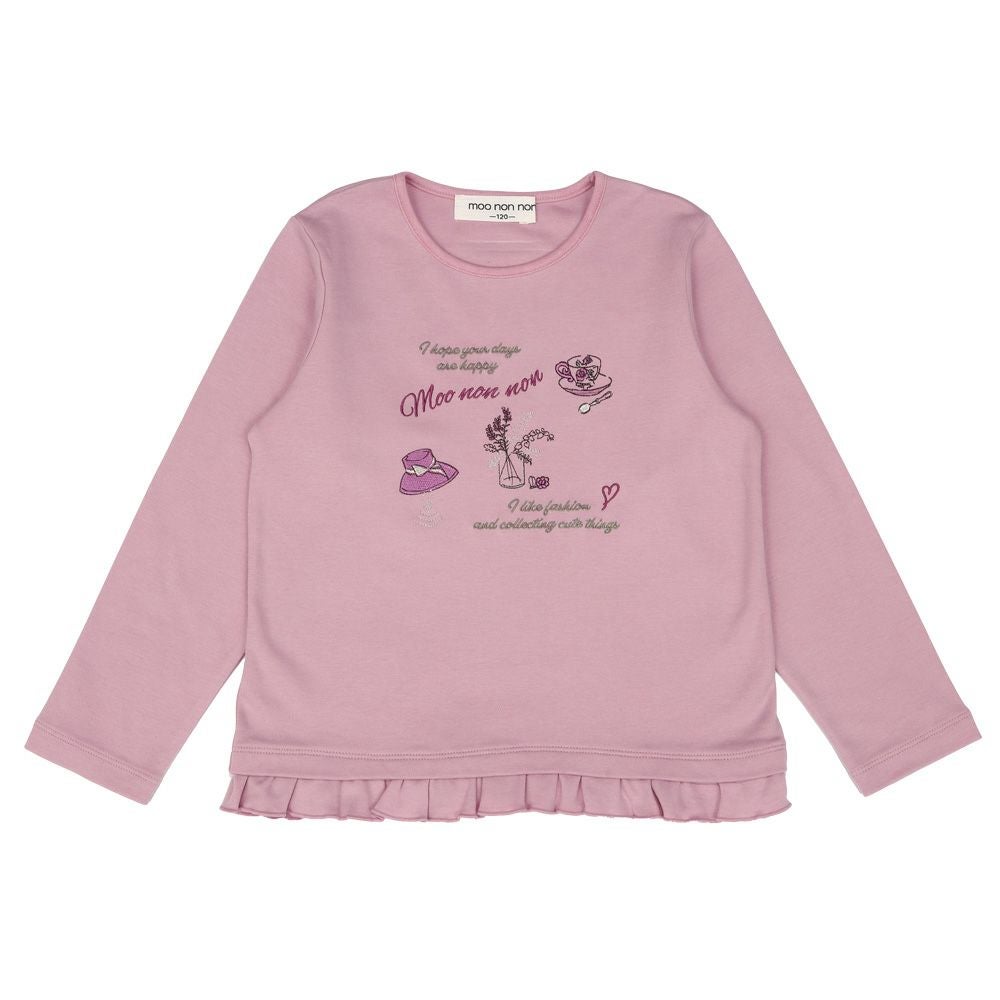 ベビー服 女の子 綿100％　裾フリル 刺繍 ロゴ Tシャツ ピンク(02) 正面