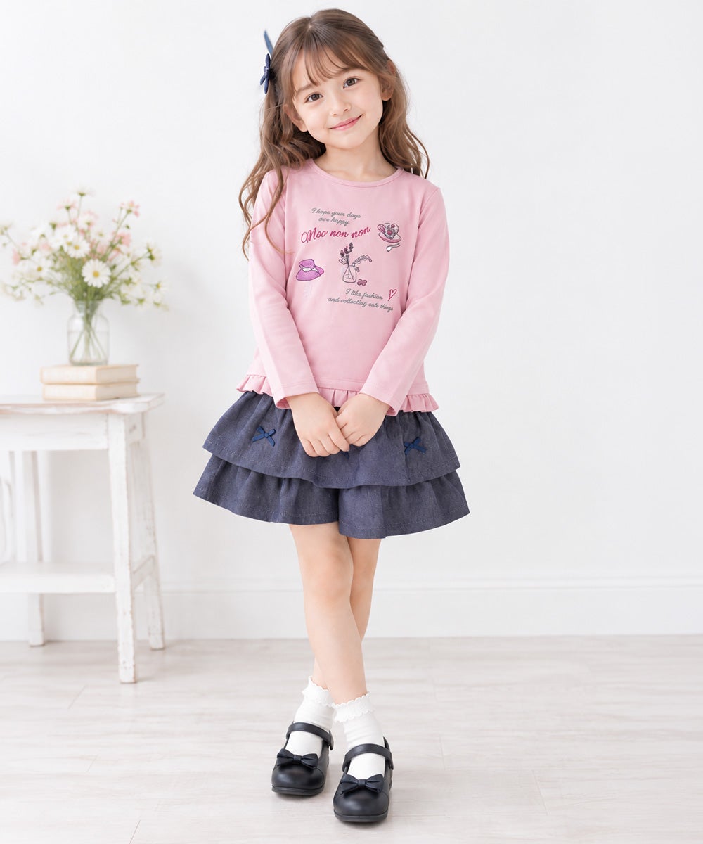 ベビー服 女の子 綿100％　裾フリル 刺繍 ロゴ Tシャツ ピンク(02)