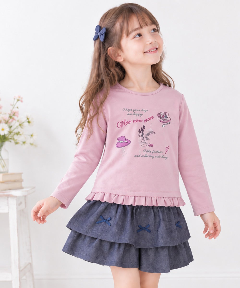 ベビー服 女の子 綿100％　裾フリル 刺繍 ロゴ Tシャツ ピンク(02)