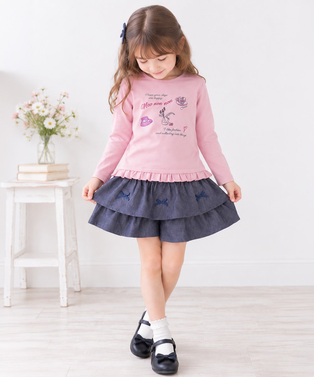 ベビー服 女の子 綿100％　裾フリル 刺繍 ロゴ Tシャツ ピンク(02)