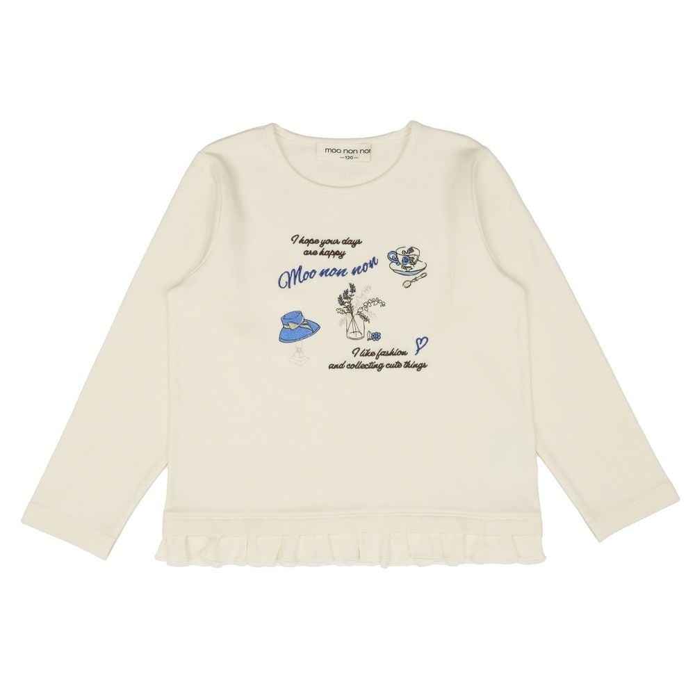 ベビー服 女の子 綿100％　裾フリル 刺繍 ロゴ Tシャツ オフホワイト(11) 正面