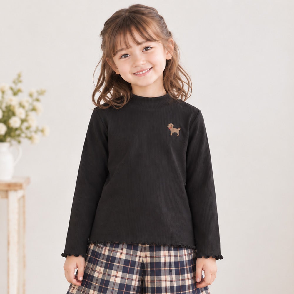 子供服 女の子 ワンポイント ドッグ 犬 刺繍 長袖 Tシャツ