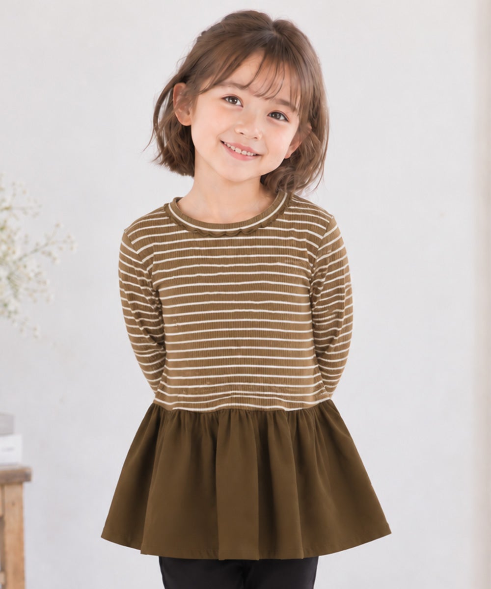 子供服 女の子 おしゃれ かわいい ガーリーカジュアル ボーダー柄 りぼん プレゼント ギフト ブラウン(05) 