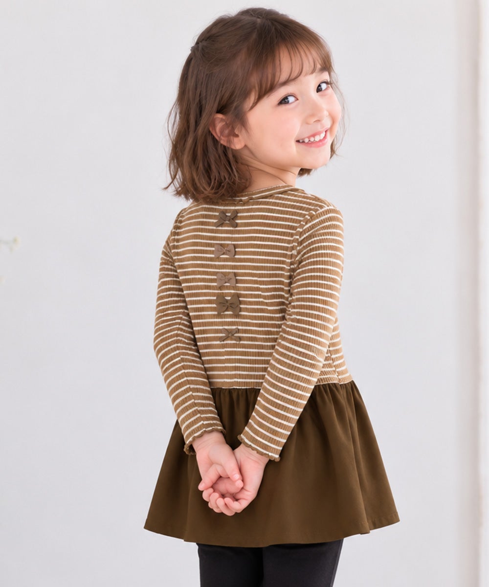 子供服 女の子 おしゃれ かわいい ガーリーカジュアル ボーダー柄 りぼん プレゼント ギフト ブラウン(05) 