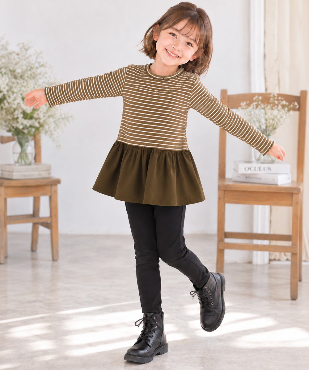 子供服 女の子 おしゃれ かわいい ガーリーカジュアル ボーダー柄 りぼん プレゼント ギフト ブラウン(05) 
