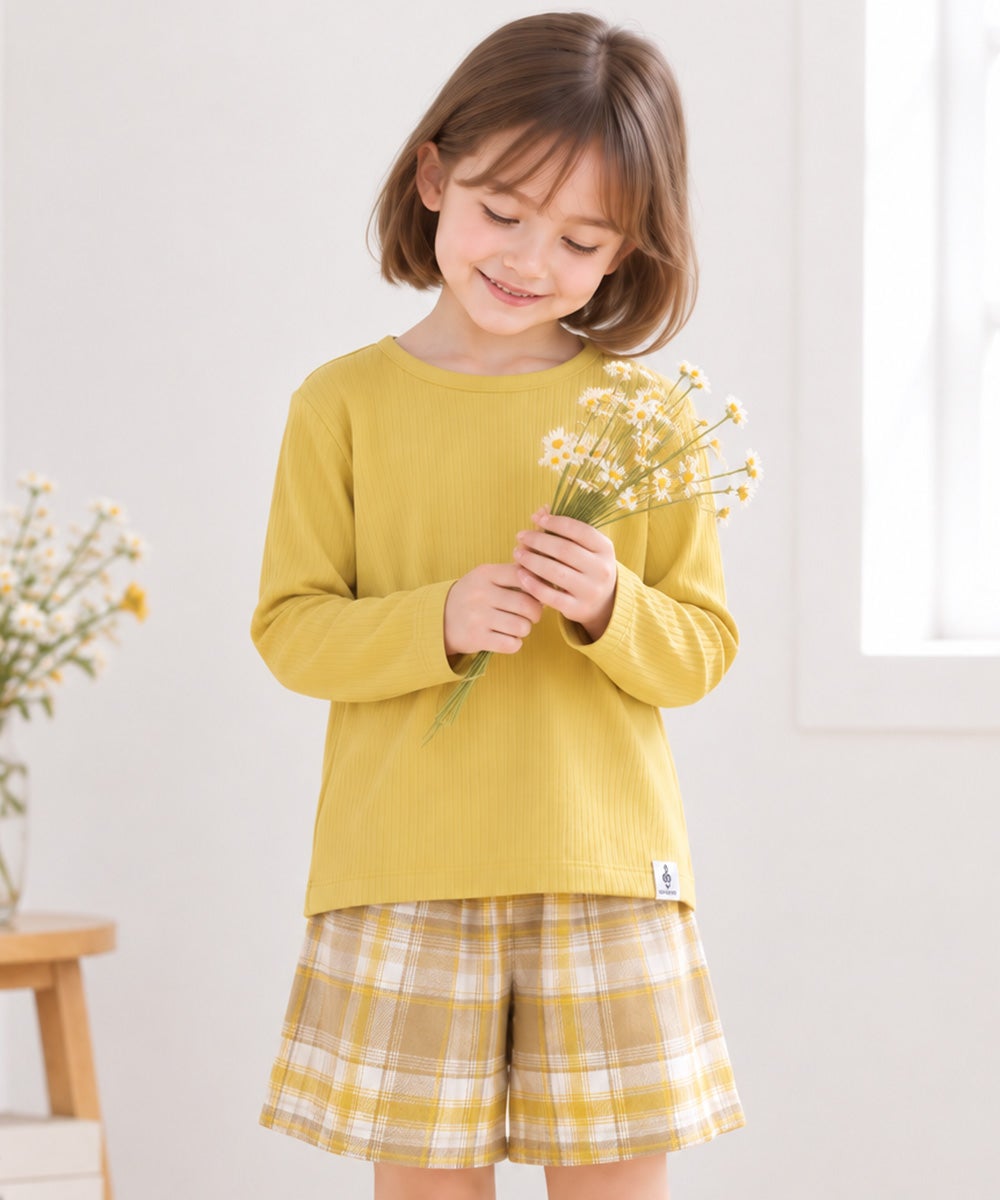ベビー服 女の子 音符ロゴ付き リブ素材 長袖 Tシャツ イエロー(04)