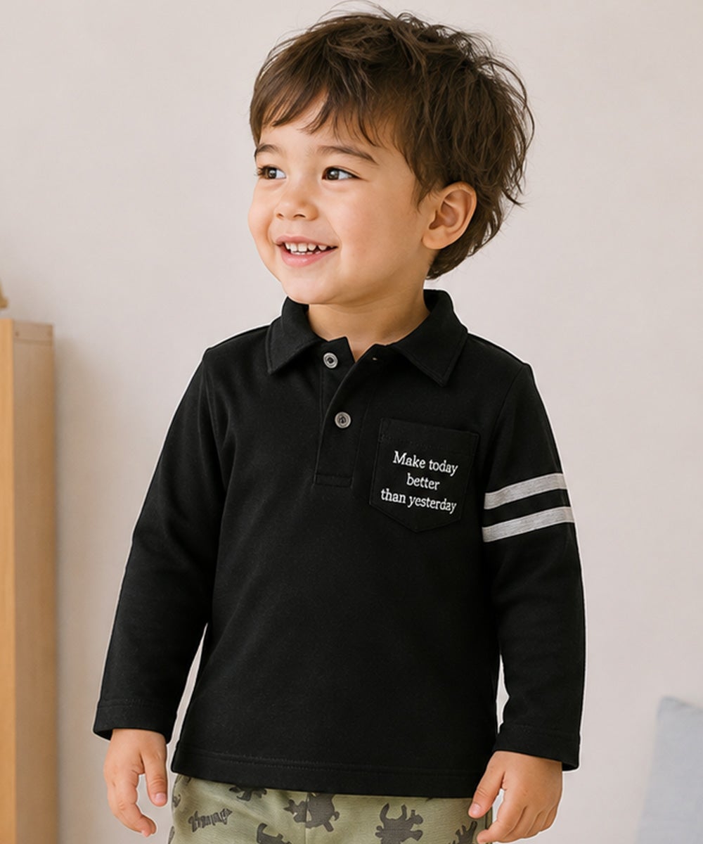 ベビー服 男の子 綿100％ 子ども服 こども キッズ ジュニア コットン 襟付き ロゴ 長袖ティーシャツ ブラック(00) 