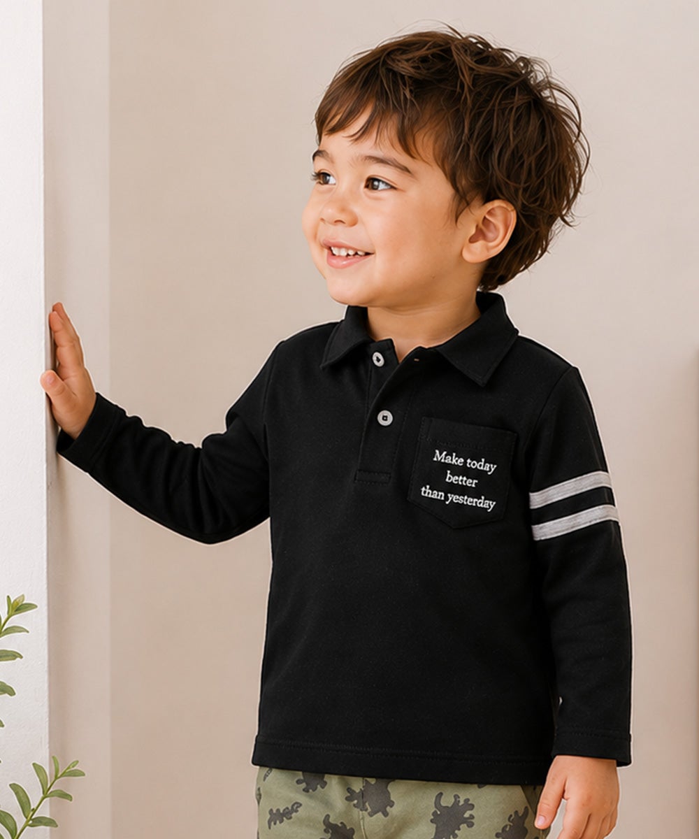 ベビー服 男の子 綿100％ 子ども服 こども キッズ ジュニア コットン 襟付き ロゴ 長袖ティーシャツ ブラック(00) 