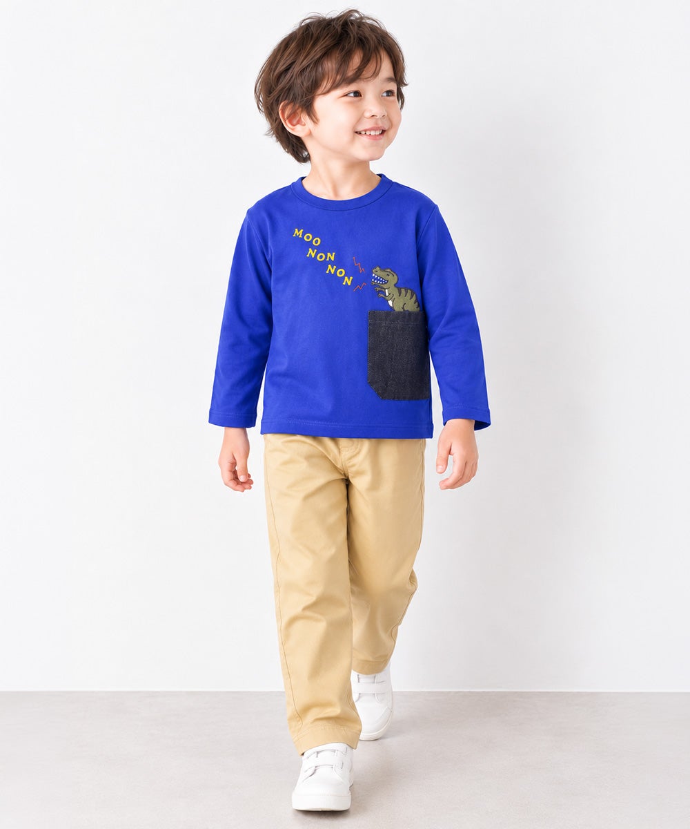 ベビー服 男の子 恐竜 刺繍 ポケット付き 微起毛トレーナー ブルー(61)