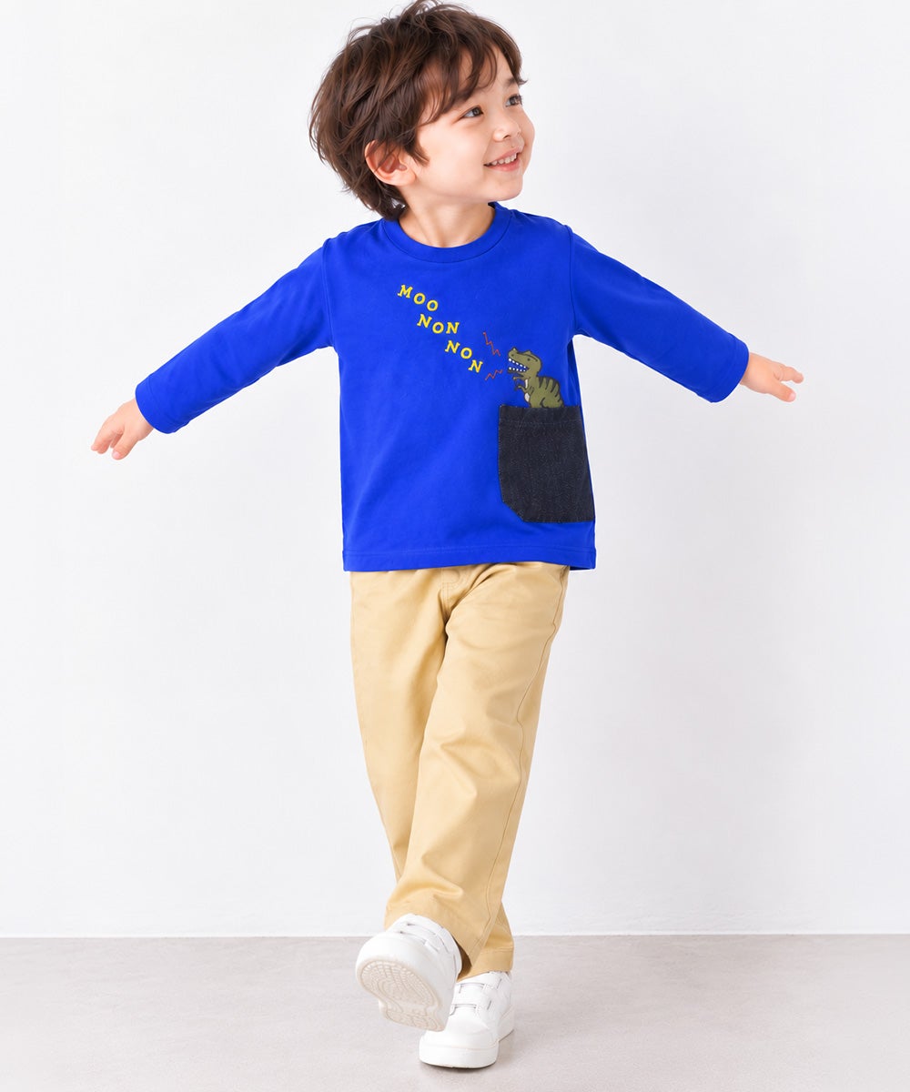 ベビー服 男の子 恐竜 刺繍 ポケット付き 微起毛トレーナー ブルー(61)