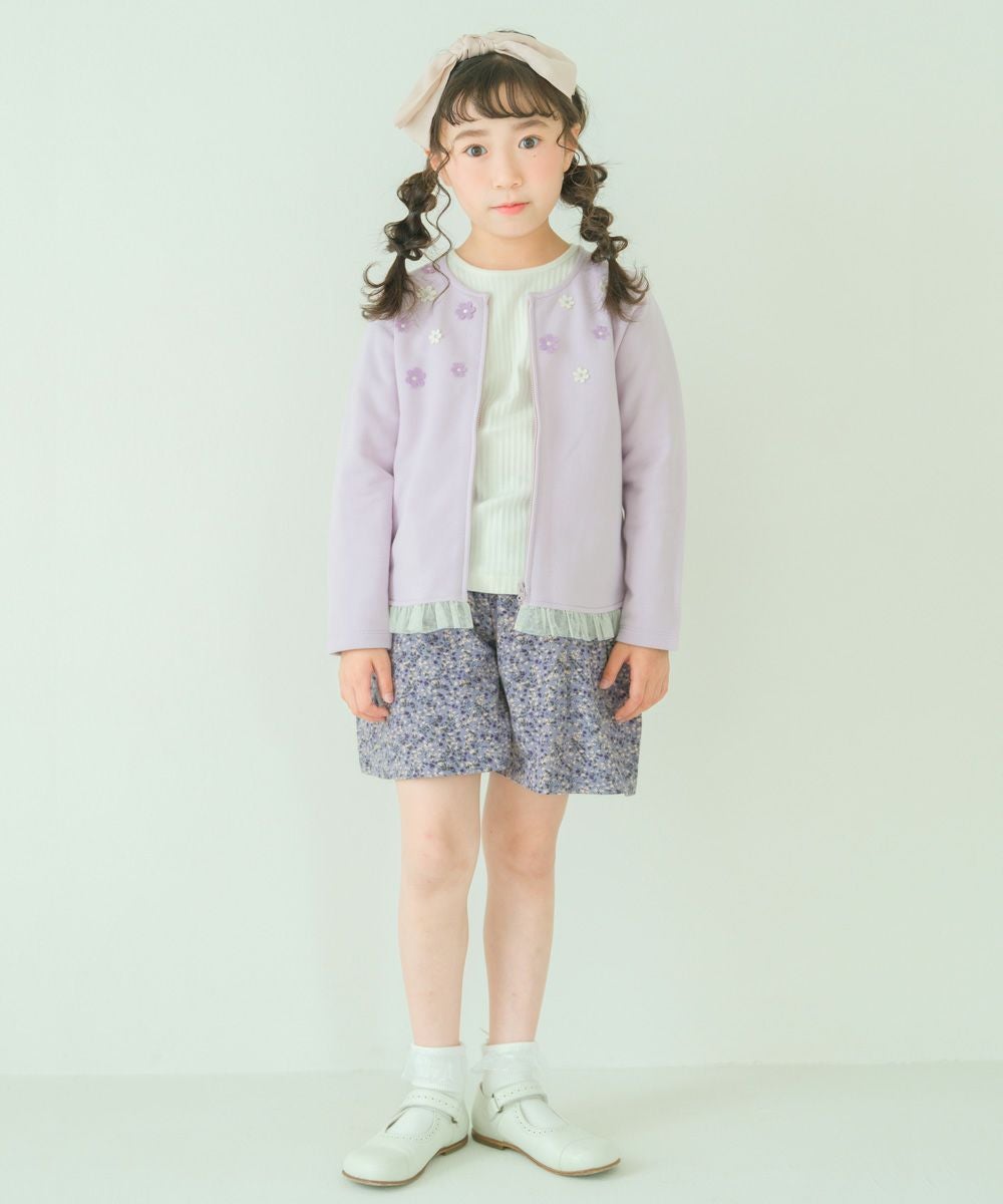 子供服 女の子 リボン付き ポケット 花柄 キュロット パープル(91) モデル画像全身