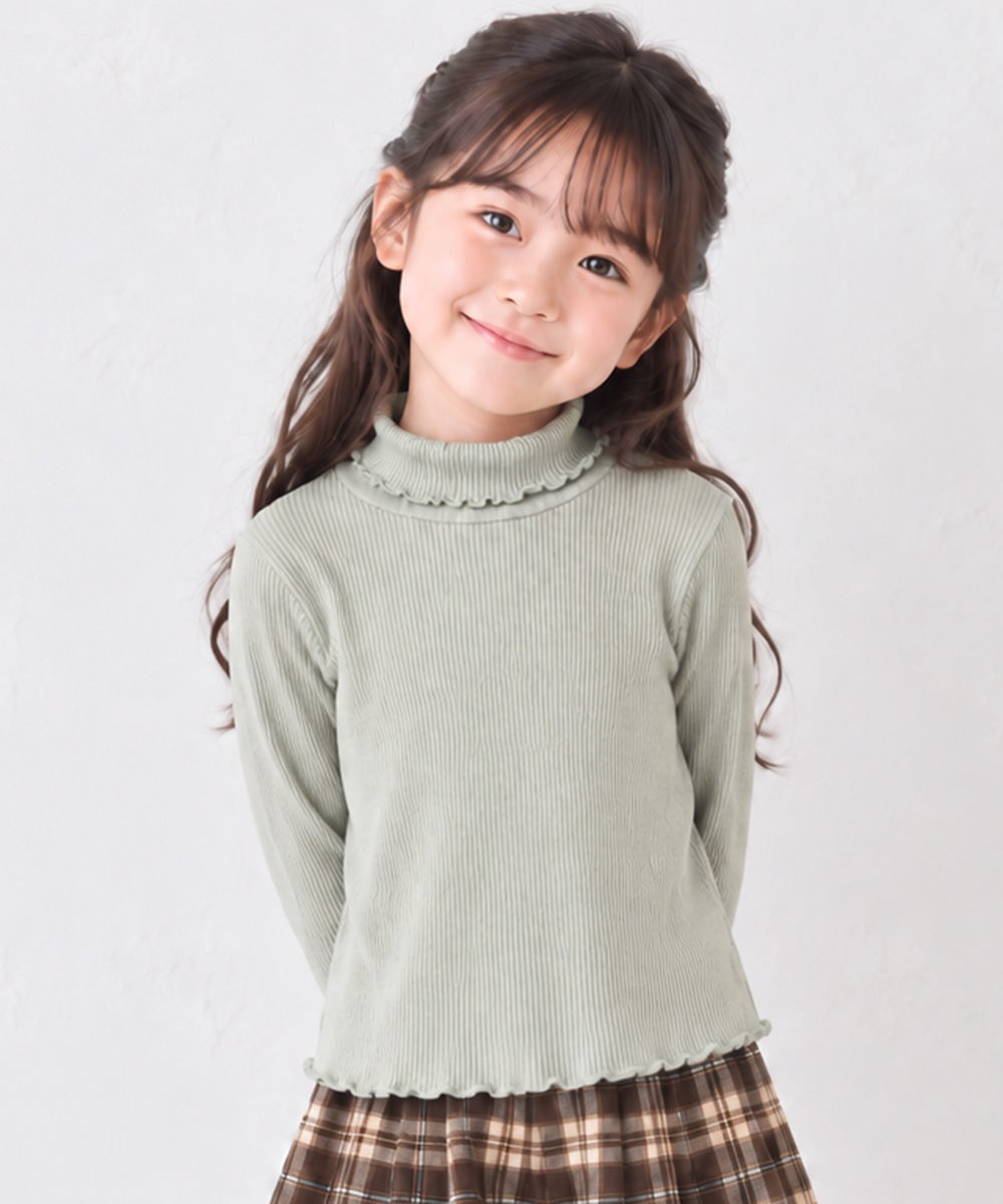 子供服 女の子 リブ生地 ハイネック 長袖Tシャツ グリーン(08) モデル画像アップ