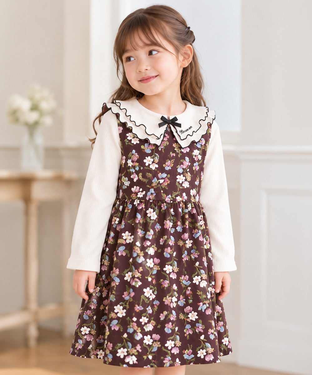 ベビー服 女の子 こども服 キッズ 花柄 ファスナー ブラウン(05) モデル画像アップ