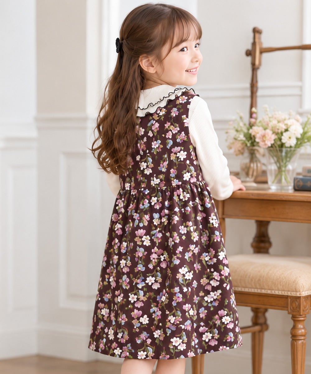 ベビー服 女の子 こども服 キッズ 花柄 ファスナー ブラウン(05) モデル画像全身