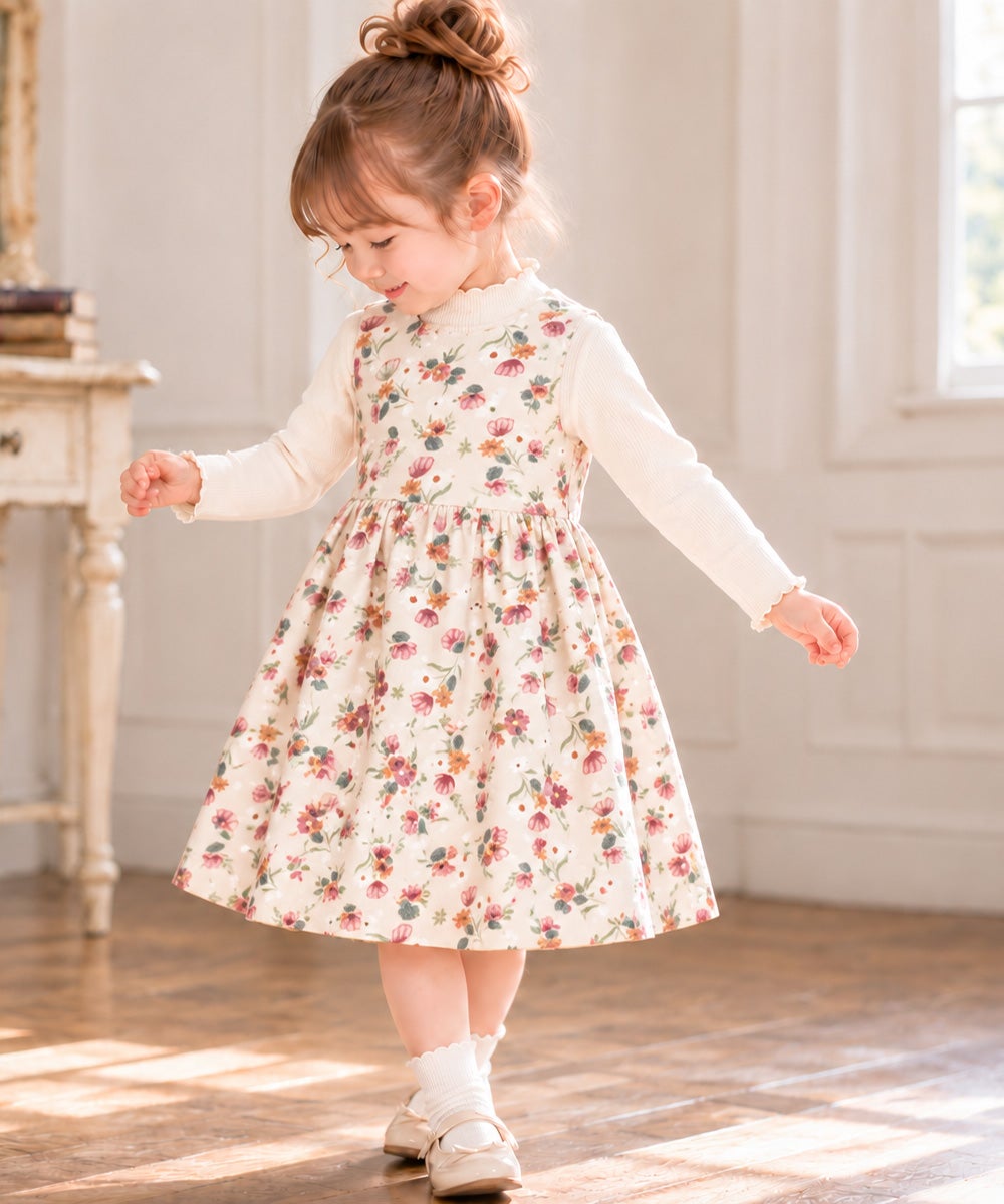 ベビー服 女の子 こども服 キッズ 花柄 ファスナー アイボリー(12) モデル画像全身
