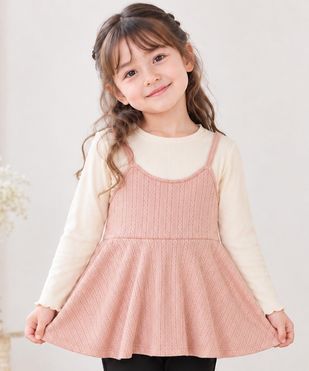 ベビー服 女の子 重ね着風 ペプラム長袖Tシャツ ピンク(02)