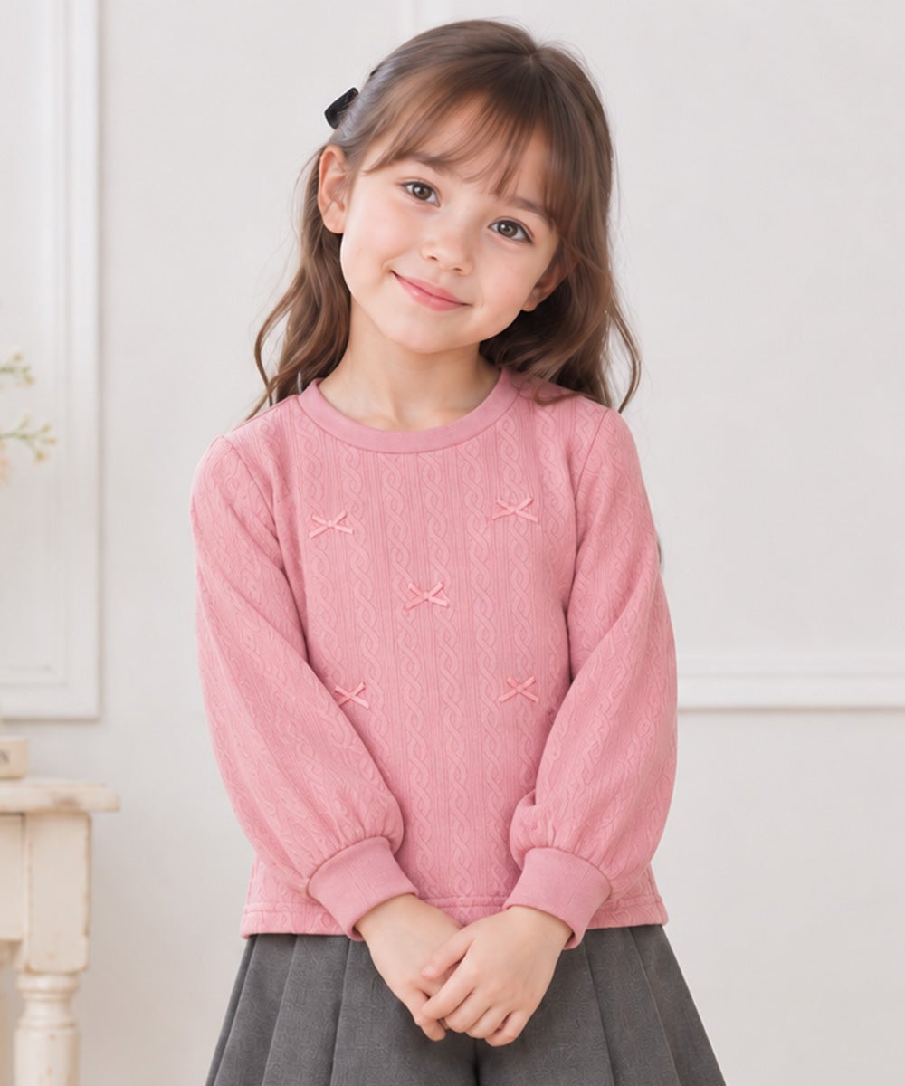 ベビー服 女の子 リボン ニット風 長袖 Tシャツ ピンク(02)