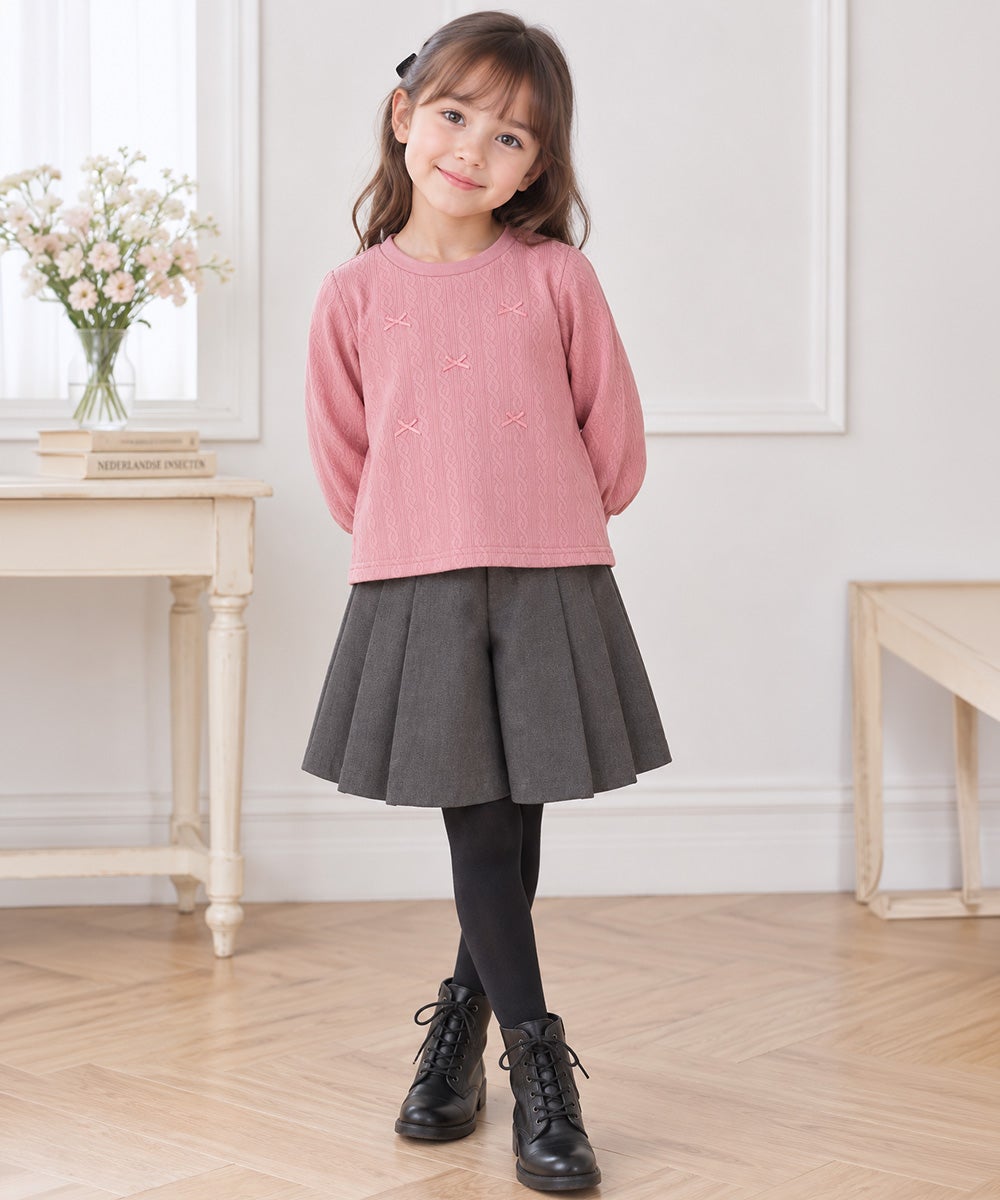 ベビー服 女の子 リボン ニット風 長袖 Tシャツ ピンク(02)
