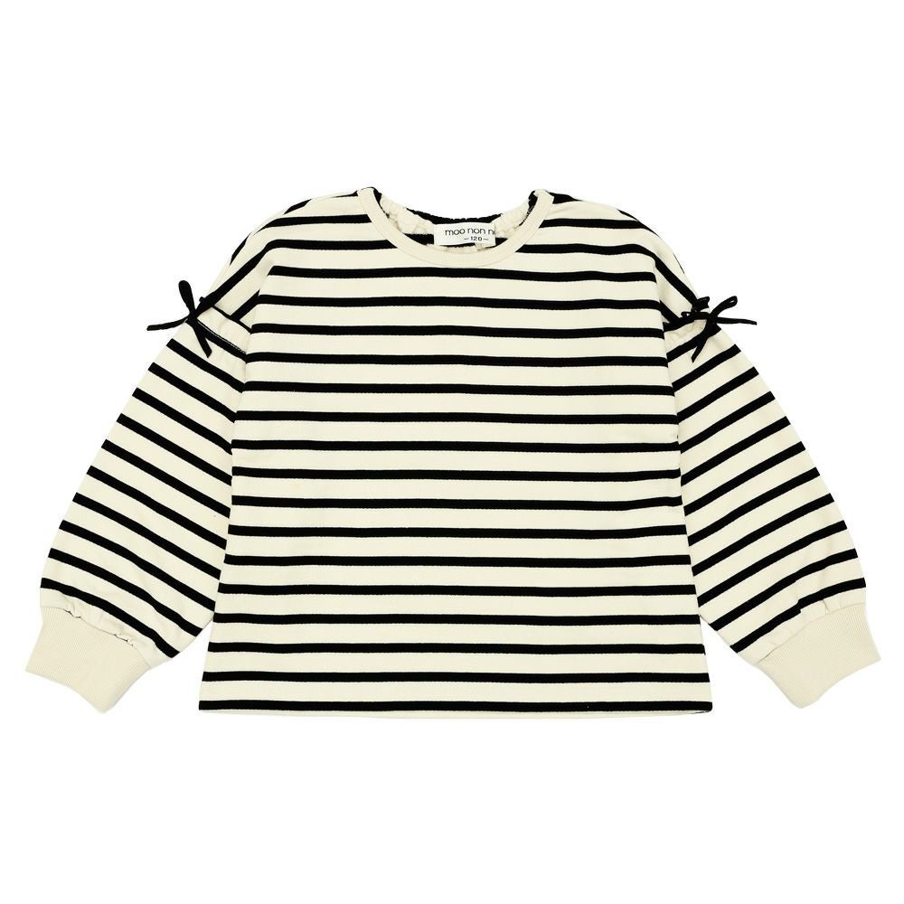 子供服 女の子 フリル リボン付き ボーダー長袖トレーナー ブラック(00) 正面