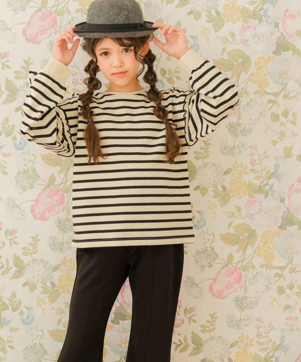 子供服 女の子 フリル リボン付き ボーダー長袖トレーナー ブラック(00) モデル画像1