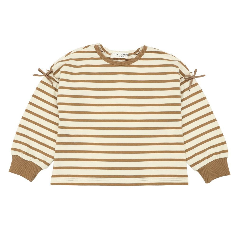 子供服 女の子 フリル リボン付き ボーダー長袖トレーナー ブラウン(05) 正面