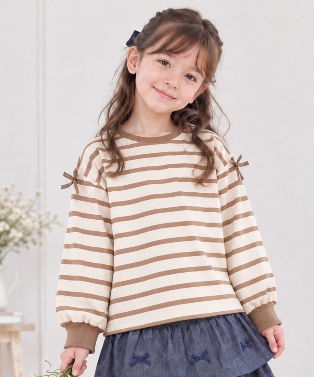 子供服 女の子 フリル リボン付き ボーダー長袖トレーナー ブラウン(05)