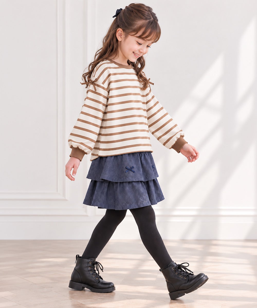 子供服 女の子 フリル リボン付き ボーダー長袖トレーナー ブラウン(05)