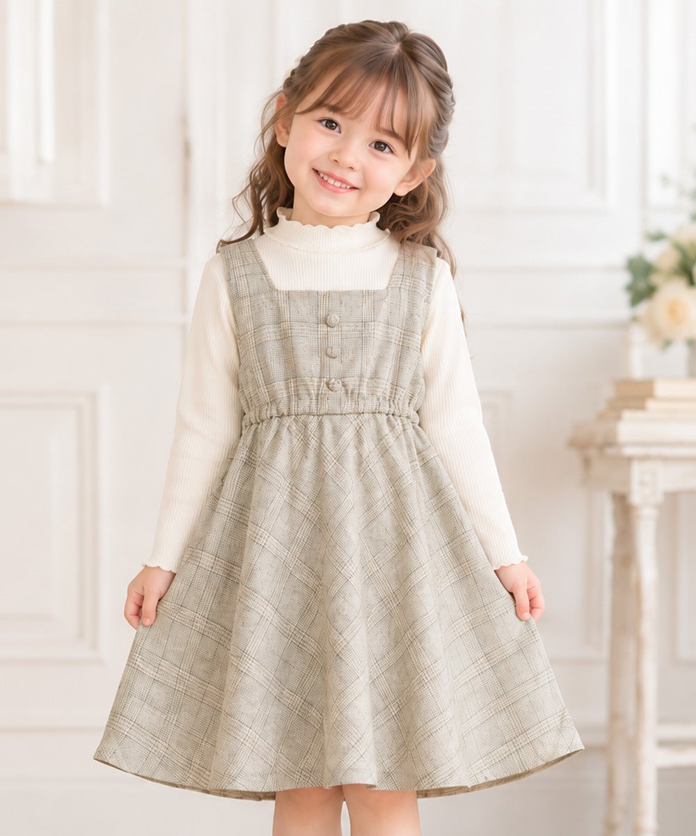 子供服 女の子 くるみボタン付き チェック柄 ワンピース ベージュ(51) モデル画像2
