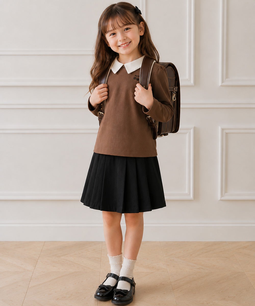 子供服 女の子 襟付き さくらんぼ Tシャツ ブラウン(05)