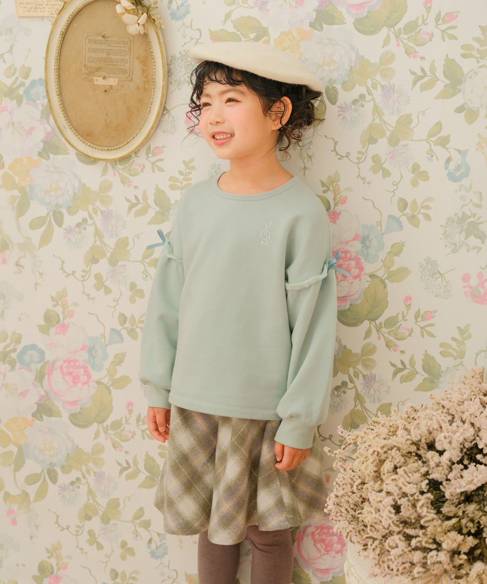 子供服 女の子 こども服 フリル 音符 ラインストーン 裏毛 グリーン(08) モデル画像アップ
