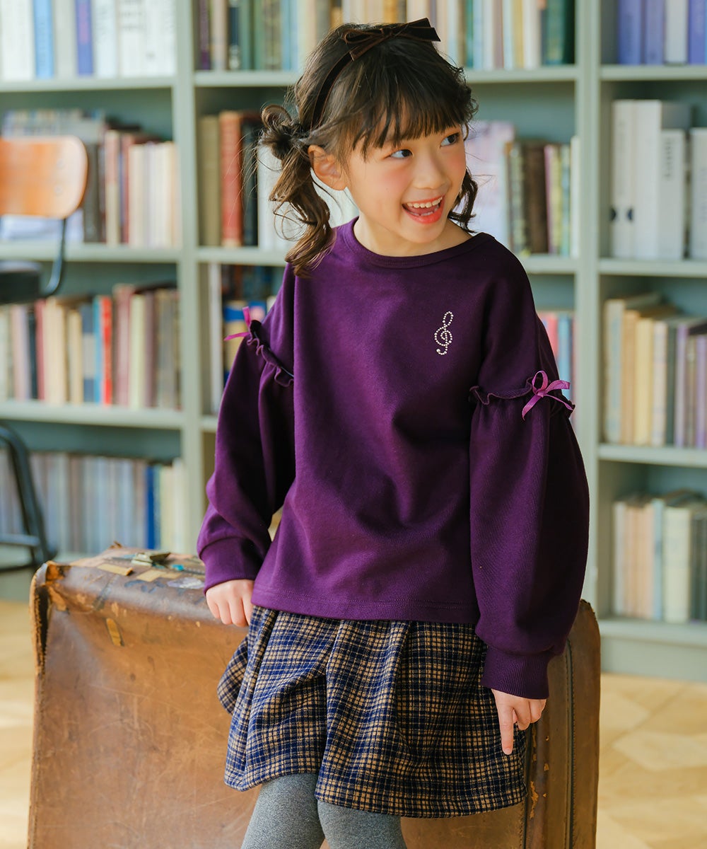 子供服 女の子 こども服 フリル 音符 ラインストーン 裏毛 パープル(91) モデル画像全身