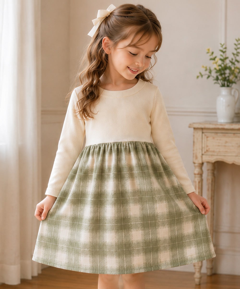 子供服 女の子 子ども服 こども服 こども キッズ ジュニア チェック 裏地付 ドッキングワンピース グリーン(08) 