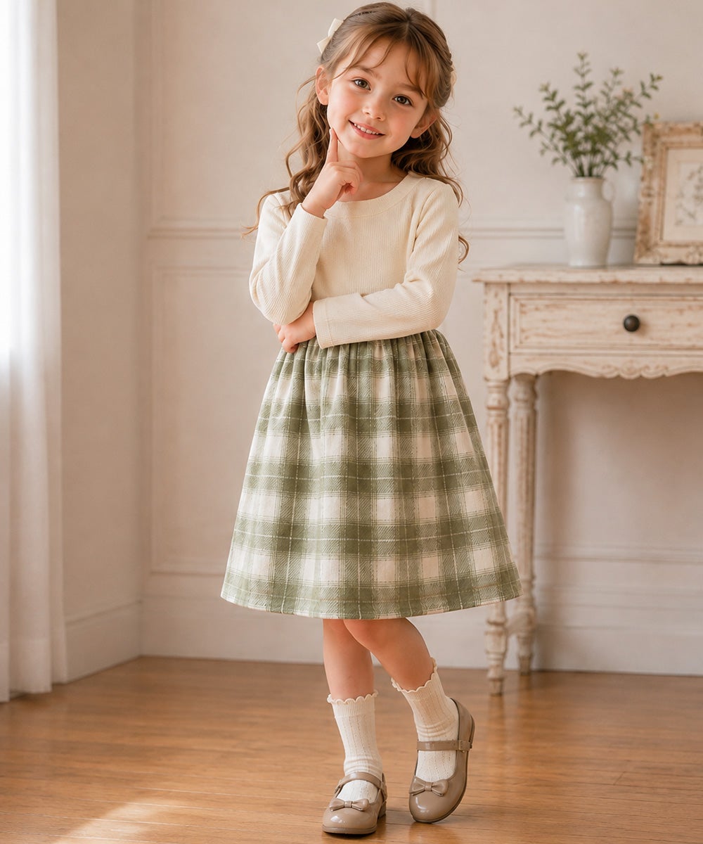子供服 女の子 子ども服 こども服 こども キッズ ジュニア チェック 裏地付 ドッキングワンピース グリーン(08) 