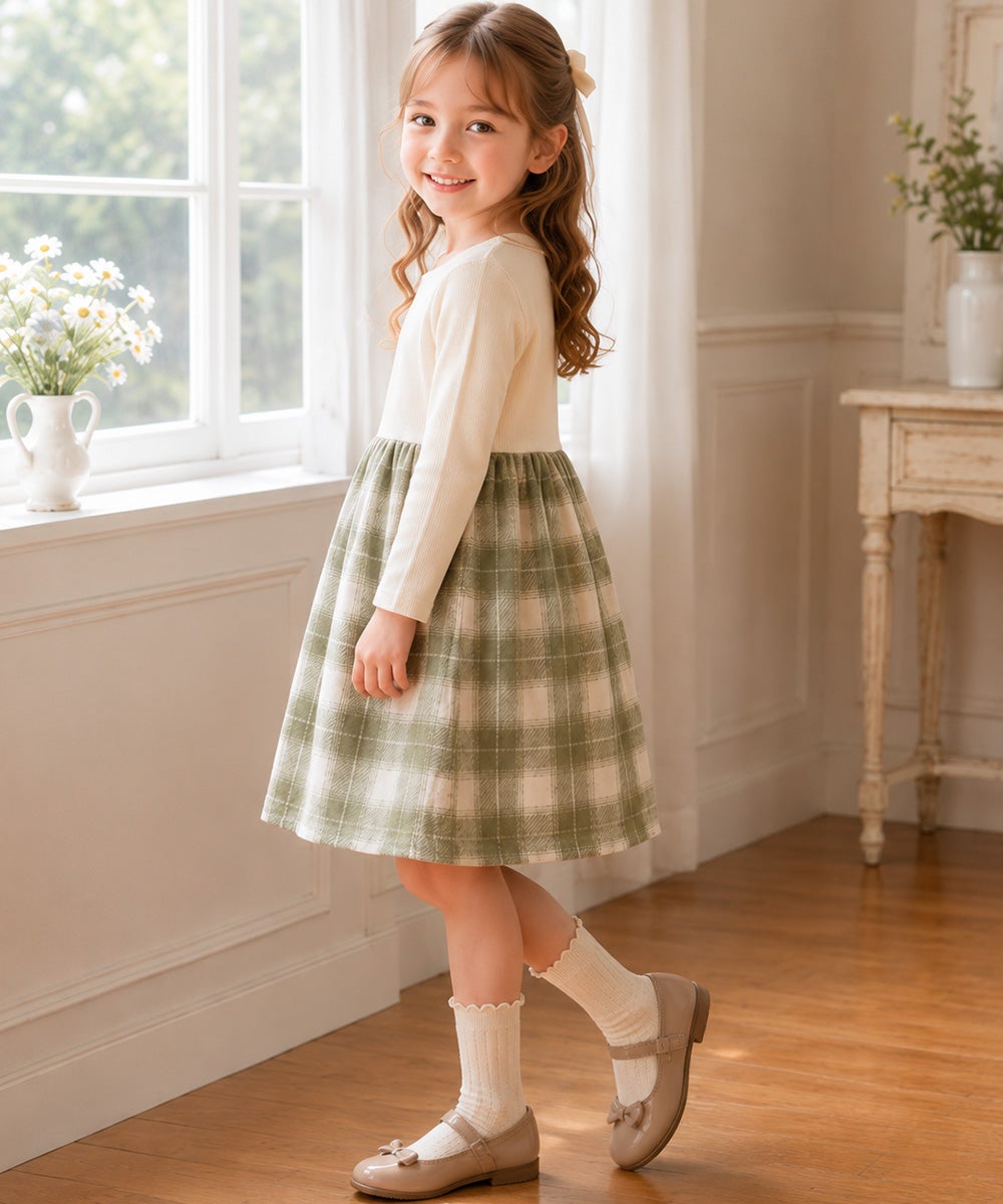 子供服 女の子 子ども服 こども服 こども キッズ ジュニア チェック 裏地付 ドッキングワンピース グリーン(08) 