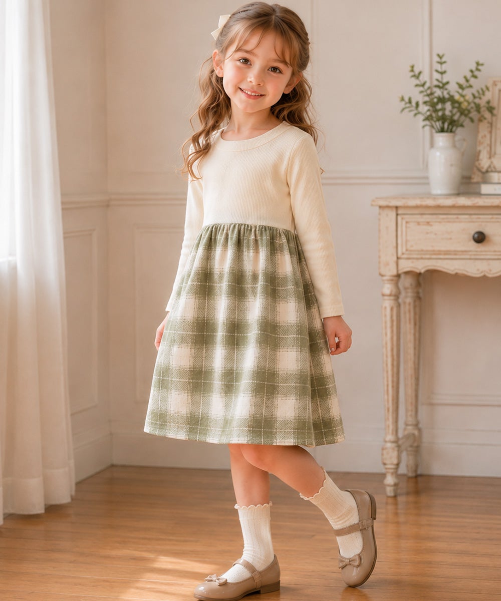 子供服 女の子 子ども服 こども服 こども キッズ ジュニア チェック 裏地付 ドッキングワンピース グリーン(08) 