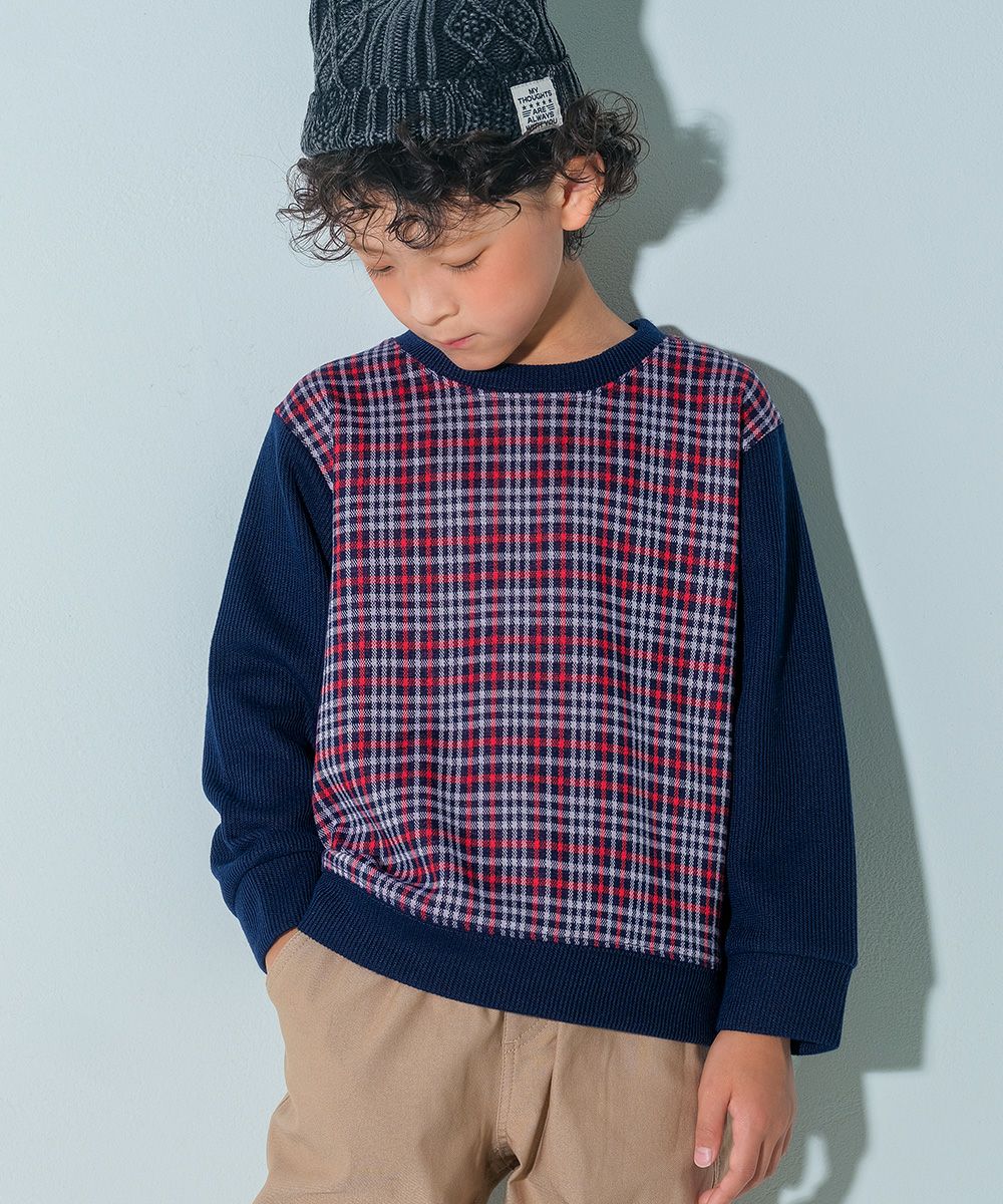 ベビー服 男の子 こども服 キッズ チェック リブ プルオーバー ネイビー(06) モデル画像アップ
