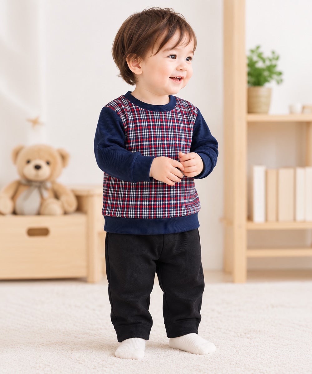 ベビー服 男の子 こども服 キッズ チェック リブ プルオーバー ネイビー(06) モデル画像3