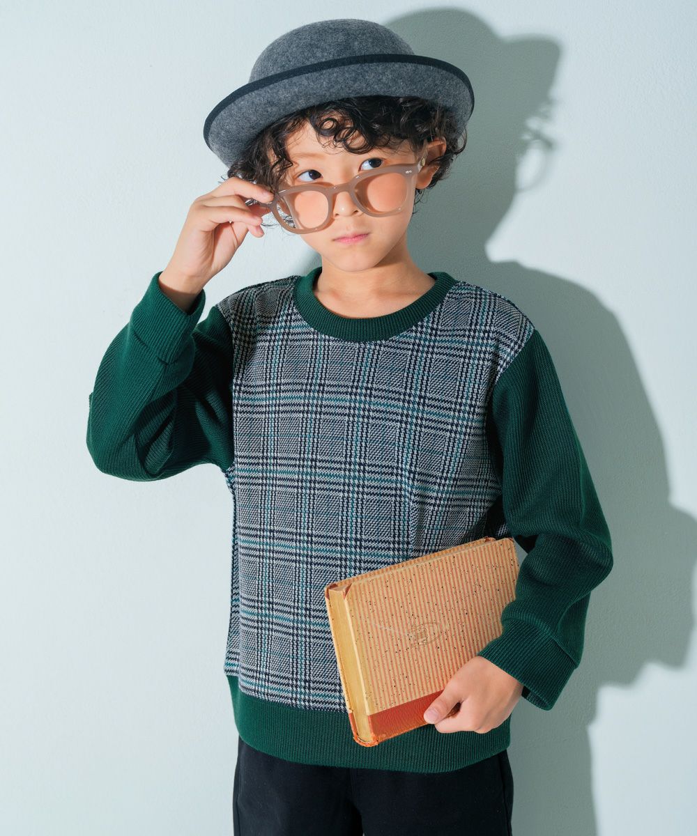 ベビー服 男の子 こども服 キッズ チェック リブ プルオーバー グリーン(08) モデル画像1