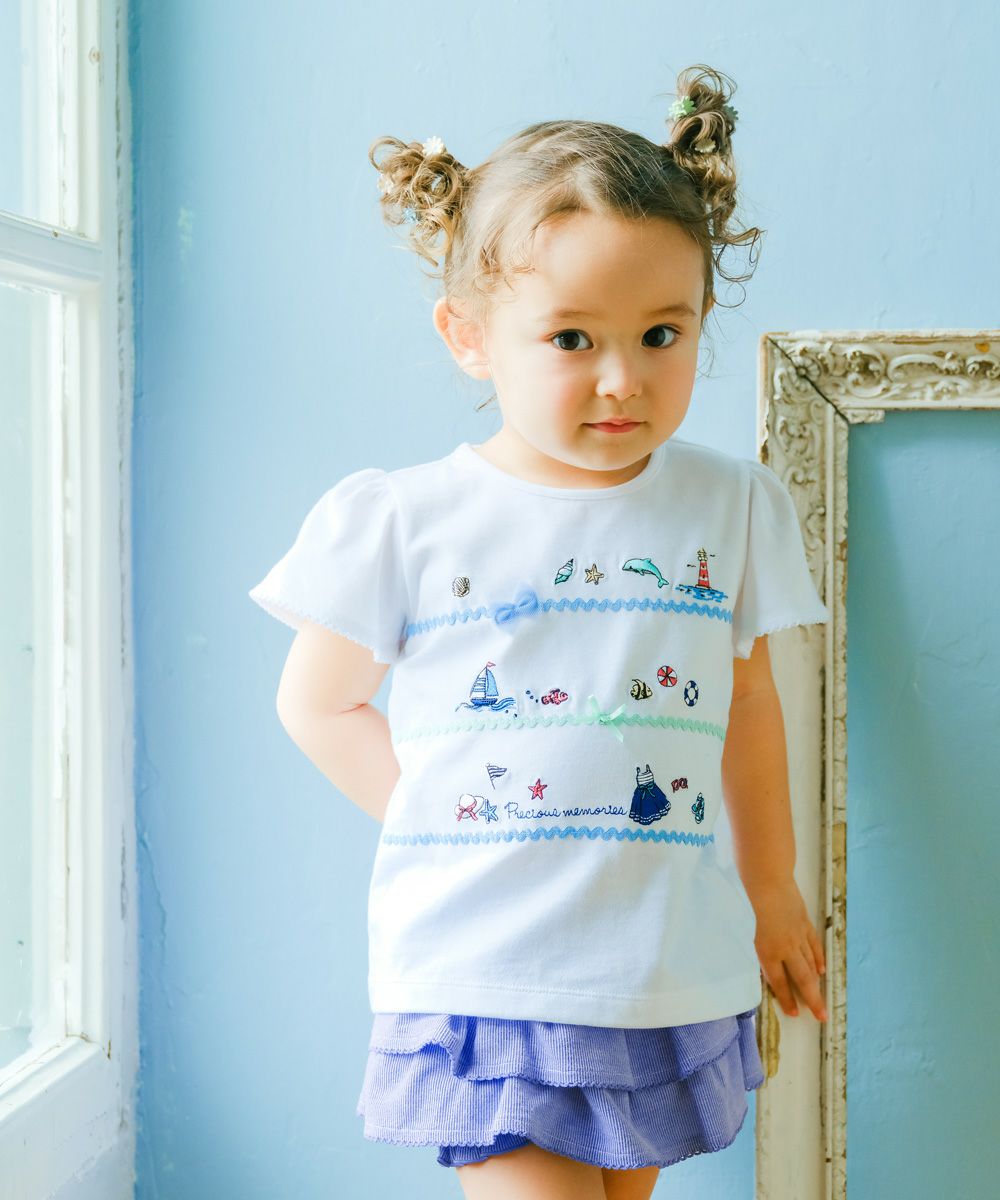 子供服 女の子 二段フリル ストライプ柄 かぼちゃパンツ ブルー(61) モデル画像4