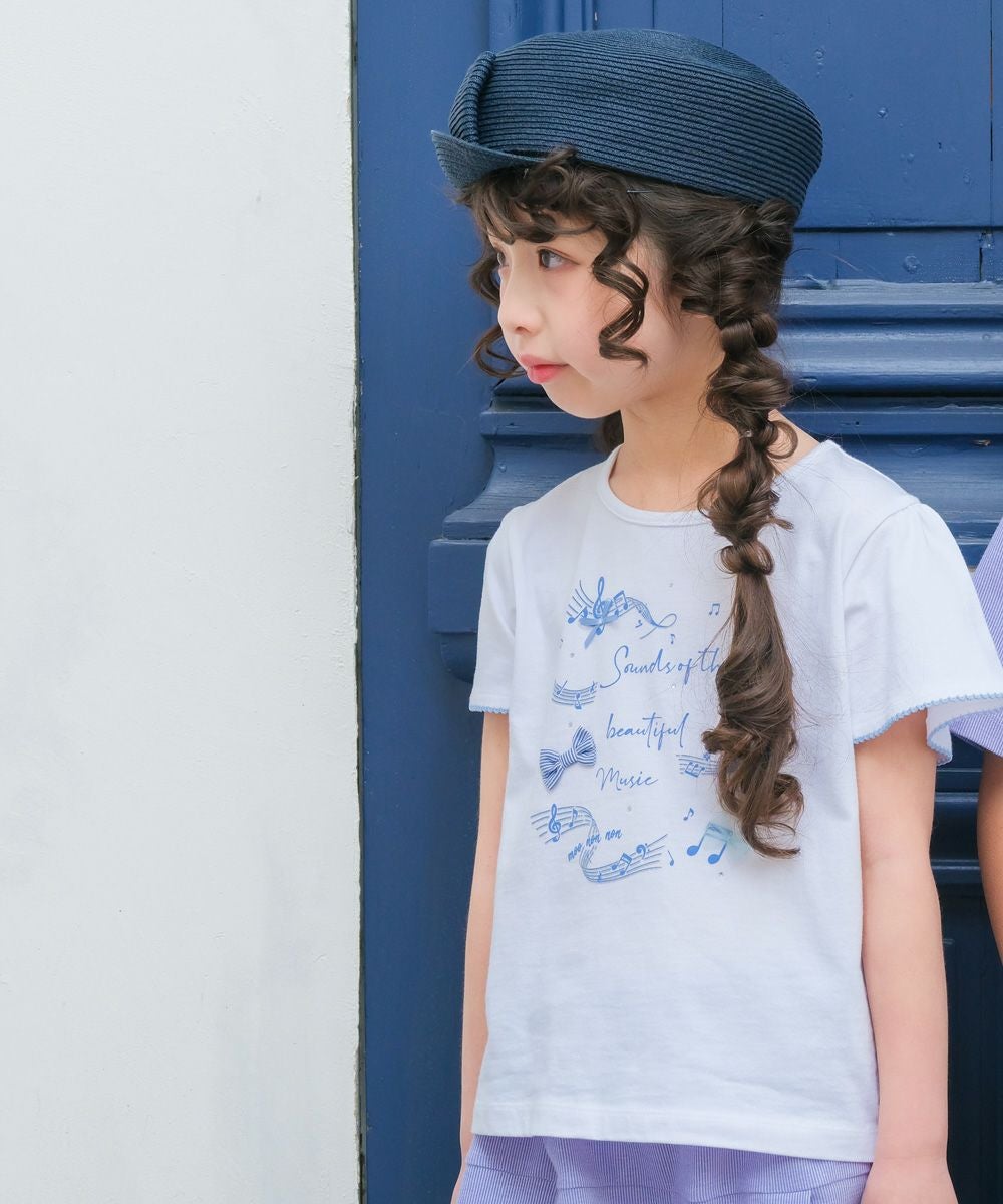ベビー服 女の子 ピコレース袖 音符 綿100％ Tシャツ オフホワイト(11) モデル画像