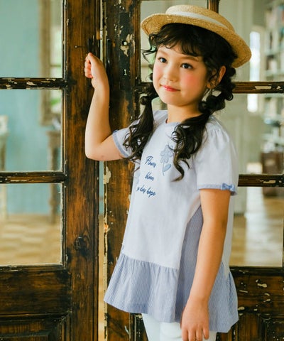 ベビー服 女の子 Aライン ストライプ 切り替え お花 Tシャツ